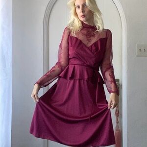 Vintage 70s Burgundy Poly Lace Bodice & Sleeve Beautiful Disco Dress Med